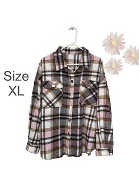 🩷🤎🩶 Oversized Flannel Shacket XL Soft Plaid Tunic Button Down Boho Layer 🩶🤎🩷